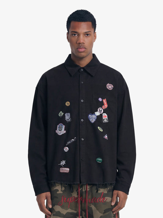 Fun Distressed Raw-Edge Printed Long-Sleeved Shirt 