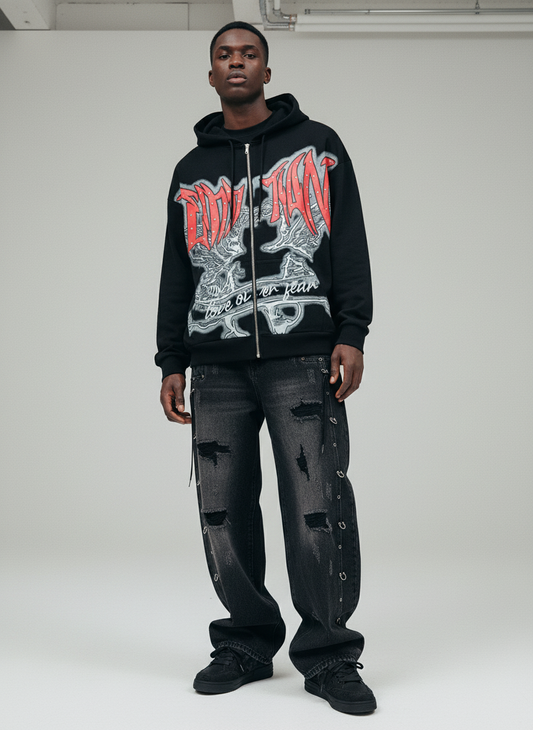 Retro Gothic Print Rhinestone Zip-Up Hoodie 