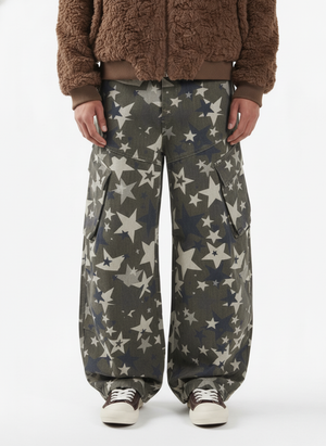 Retro Star Print Barrel Cargo Pants 