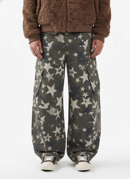 Retro Star Print Barrel Cargo Pants 