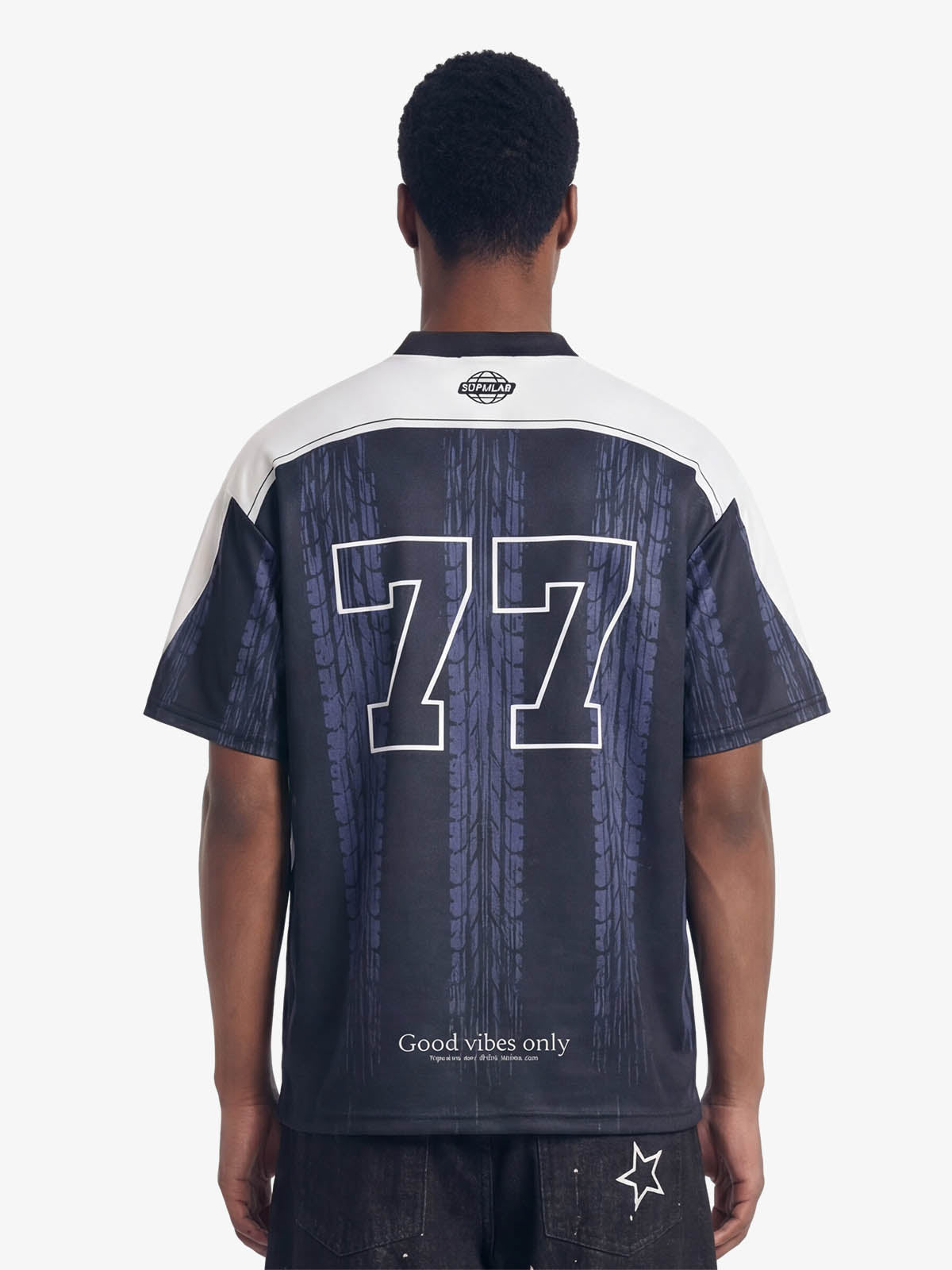 Tire Graphic “77” Patchwork Racing Blokecore V-Neck Jersey T-Shirt 