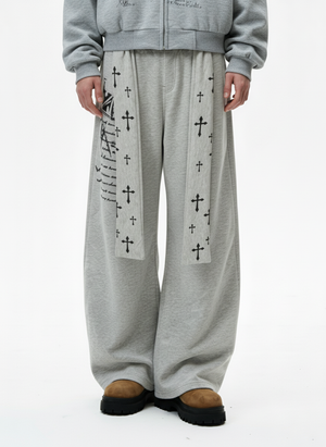 Cross Print Long Tie Detail Baggy Sweatpants 