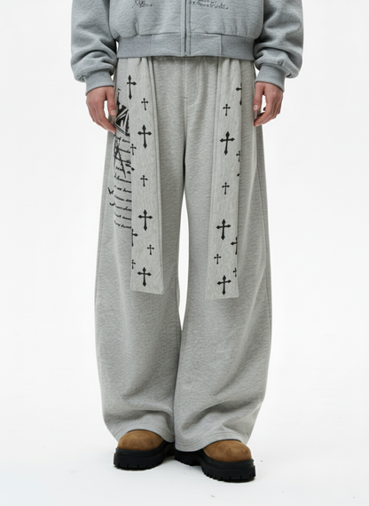 Cross Print Long Tie Detail Baggy Sweatpants 