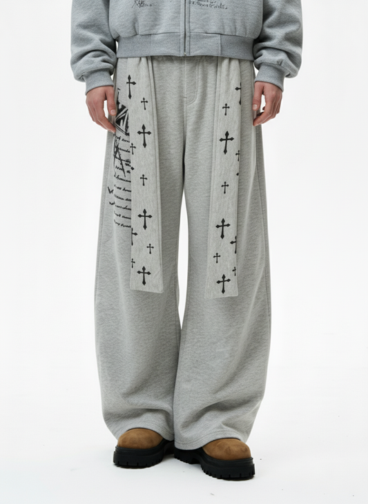 Cross Print Long Tie Detail Baggy Sweatpants 