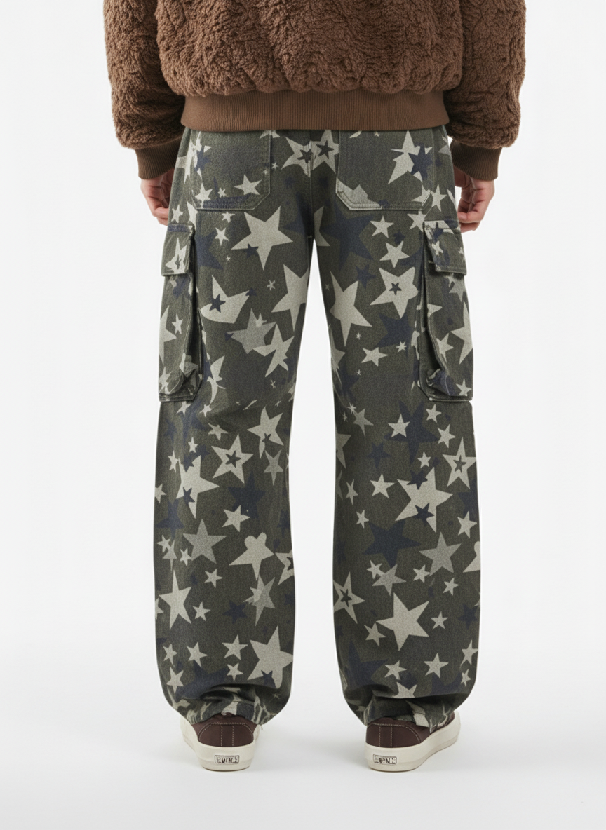 Retro Star Print Barrel Cargo Pants 