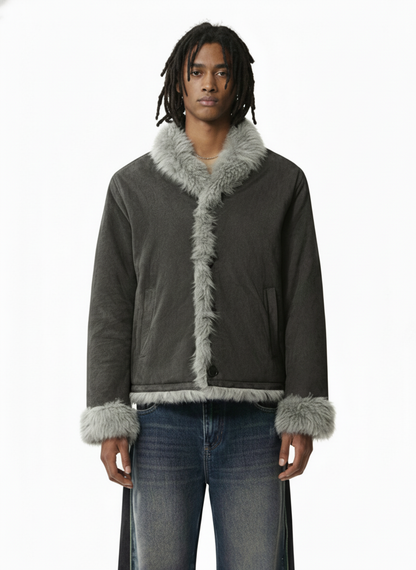 Retro High-Street Suede-Look Lapel Warm Fleece Jacket 