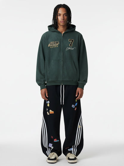 Suede Letter Embroidered Cropped Zip-Up Hoodie 