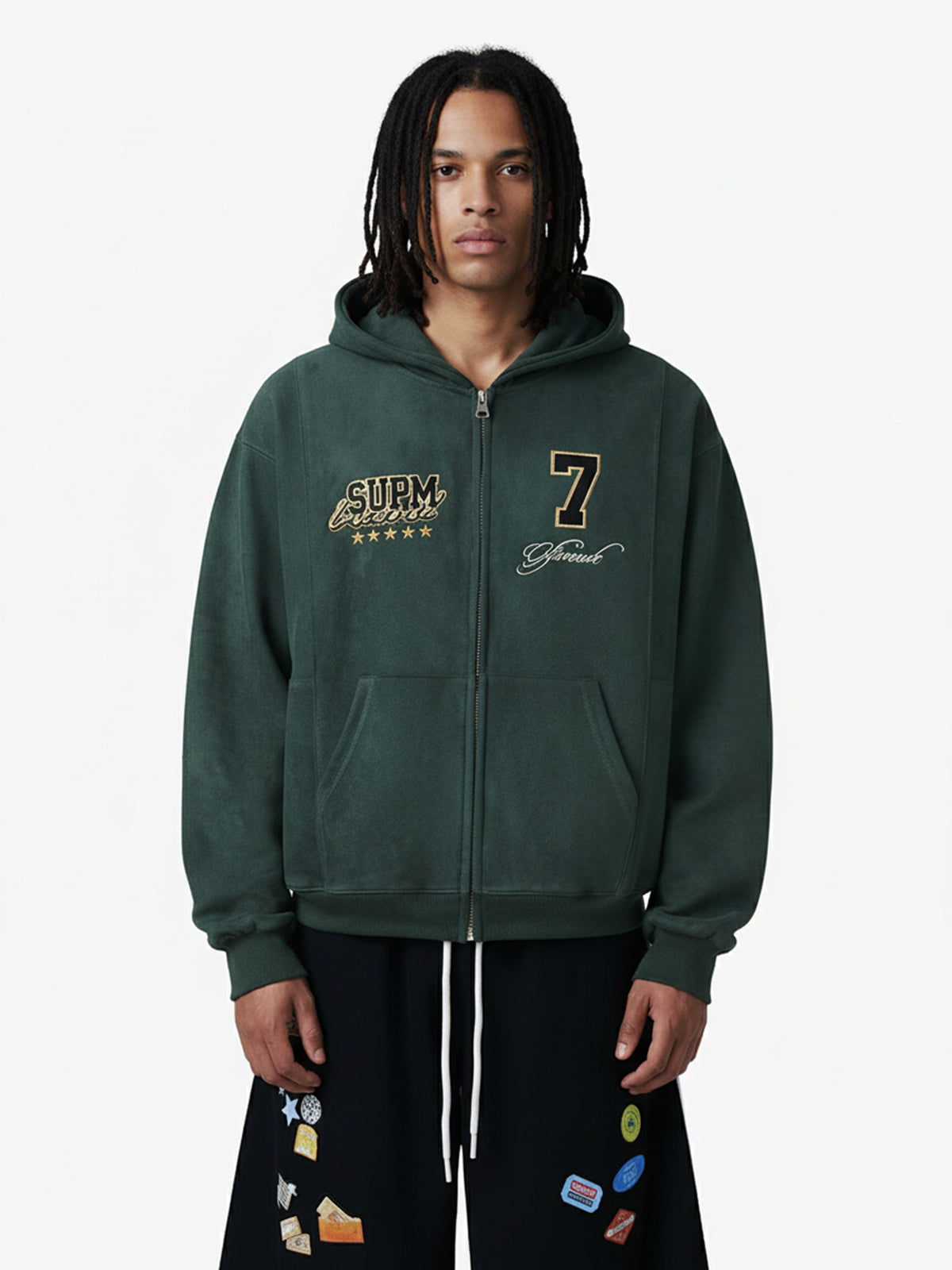 Suede Letter Embroidered Cropped Zip-Up Hoodie 