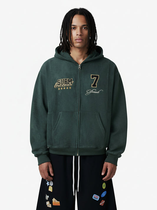 Suede Letter Embroidered Cropped Zip-Up Hoodie 