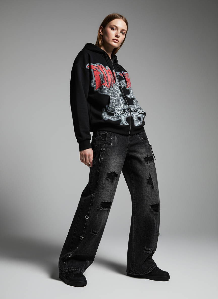 Retro Gothic Print Rhinestone Zip-Up Hoodie 