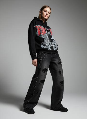 Retro Gothic Print Rhinestone Zip-Up Hoodie 
