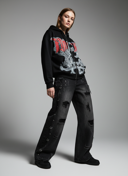 Retro Gothic Print Rhinestone Zip-Up Hoodie 