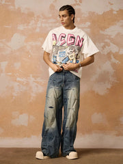 Distressed Washed Pleated Jeans 