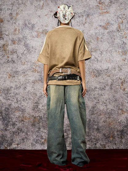 Suede Contrast Color Spliced Letter Embroidery Oversize T-shirt - 2462 