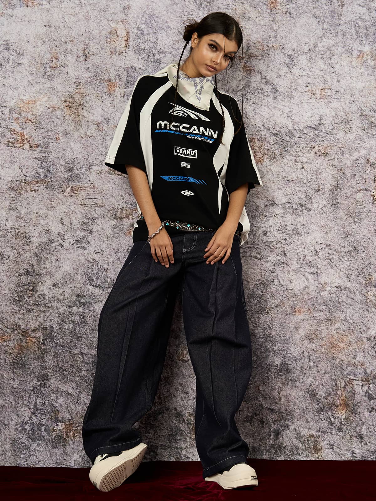 Deconstructed Contrast Stitching Pleated Baggy Barrel Jeans - 2343