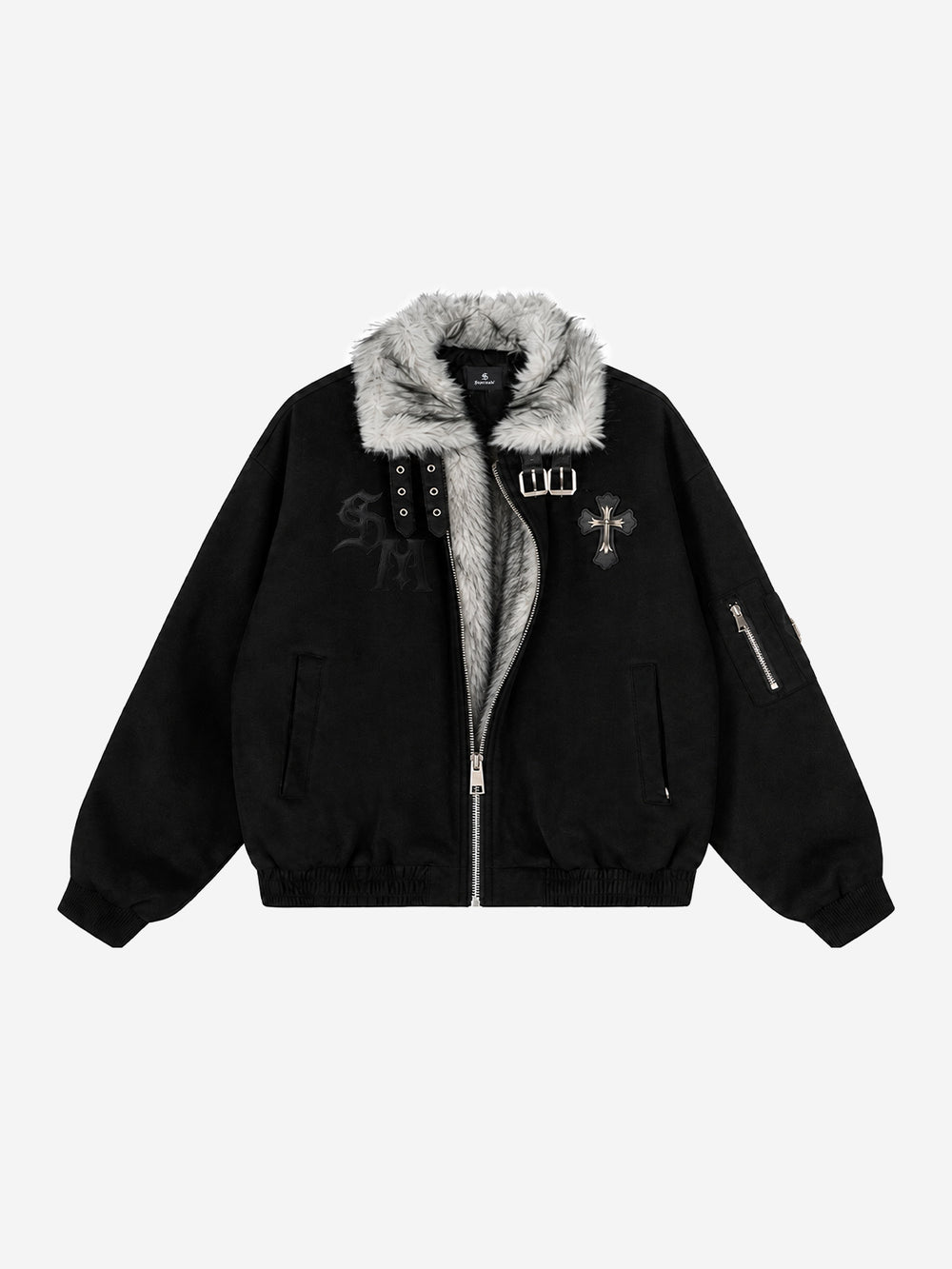 Embroidered Faux-Fur Collar Oversized Distressed Bomber Jacket