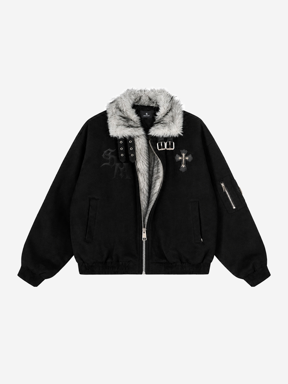 Embroidered Faux-Fur Collar Oversized Distressed Bomber Jacket