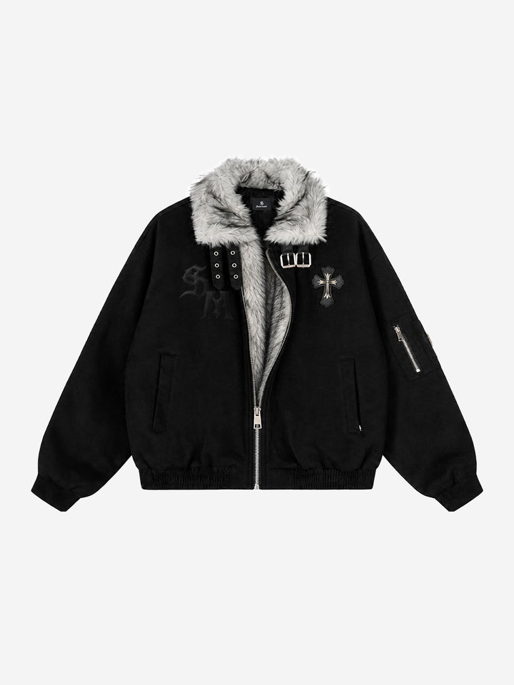 Embroidered Faux-Fur Collar Oversized Distressed Bomber Jacket