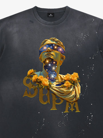 THE SUPERMADE-Wash and splash ink Galaxy Art Print T-Shirt with Cosmic Statue Design for Men and Women 