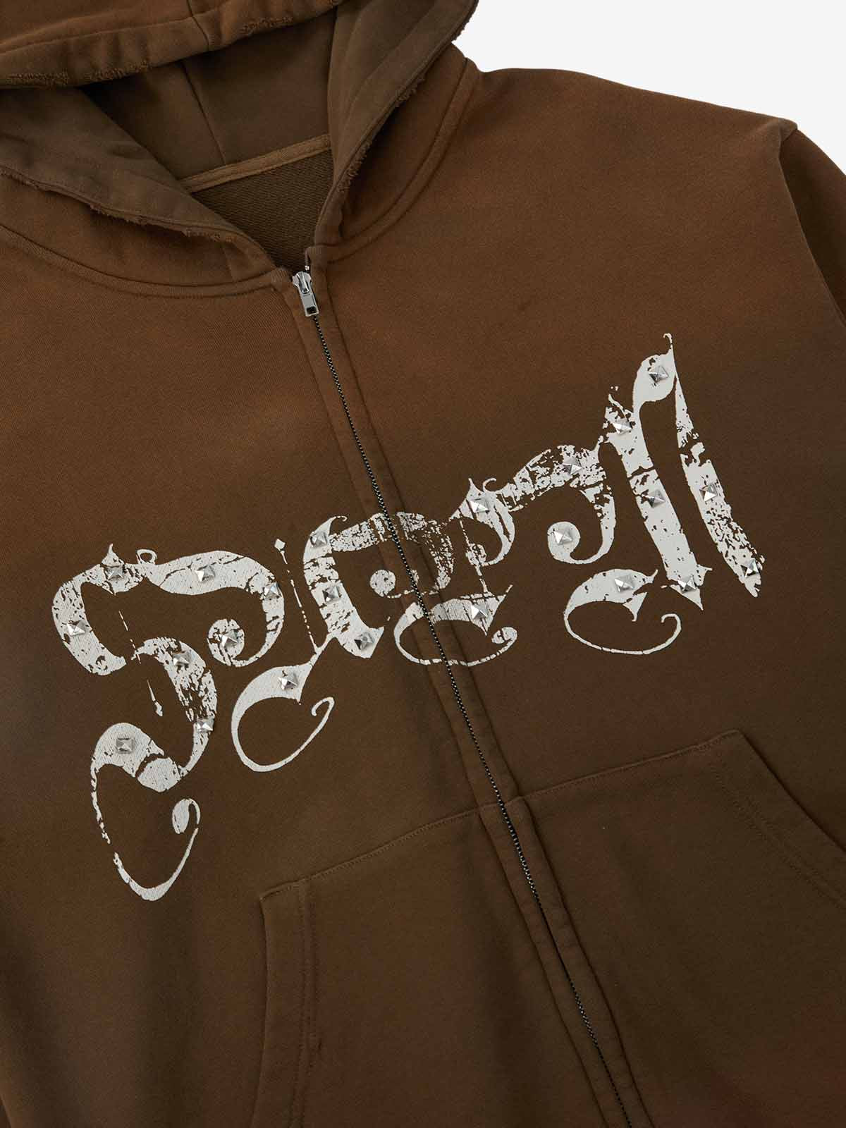 Supermade Vintage Distressed Studded Gothic Font Zipper Sweatshirt 