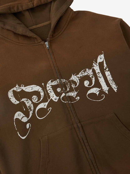 Supermade Vintage Distressed Studded Gothic Font Zipper Sweatshirt 