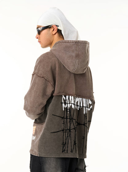 Distressed Hooded Sweatshirt with a Famous Painting of Thorn Destruction 