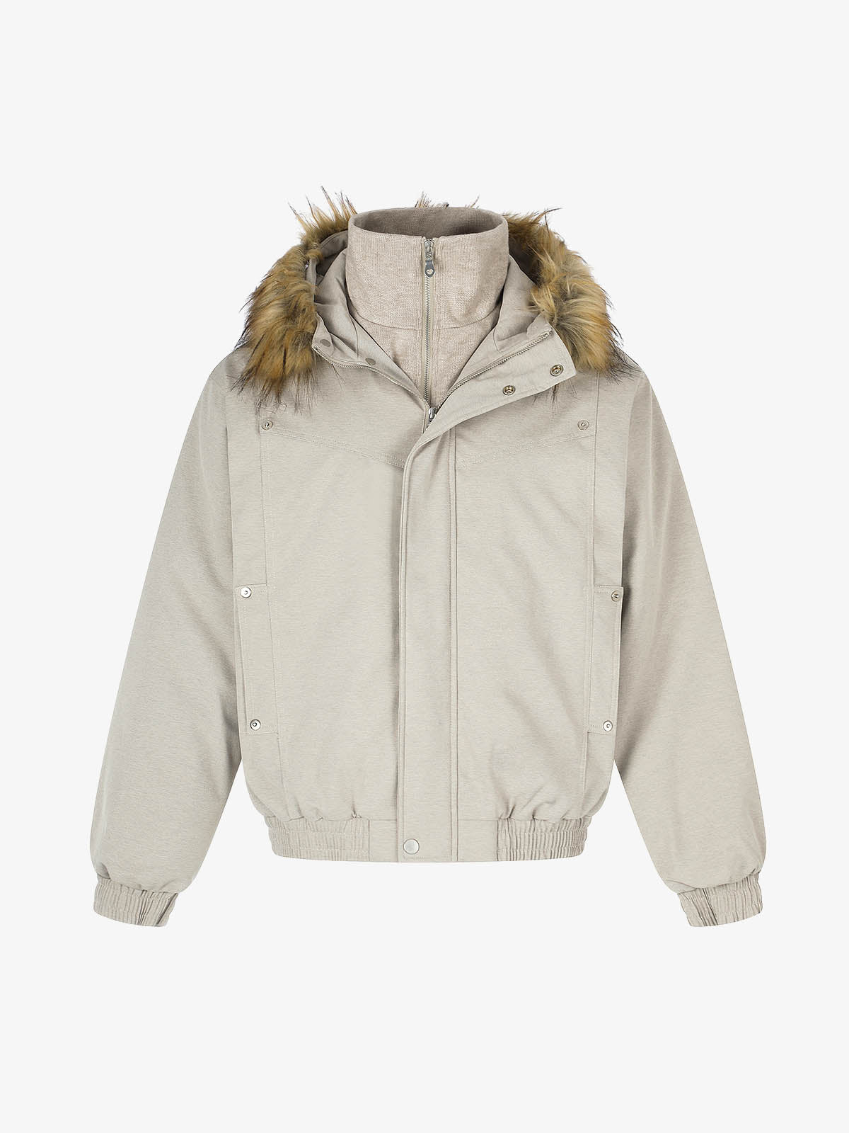 Deconstructed Layered Hooded Faux-Fur Collar Puffer Jacket