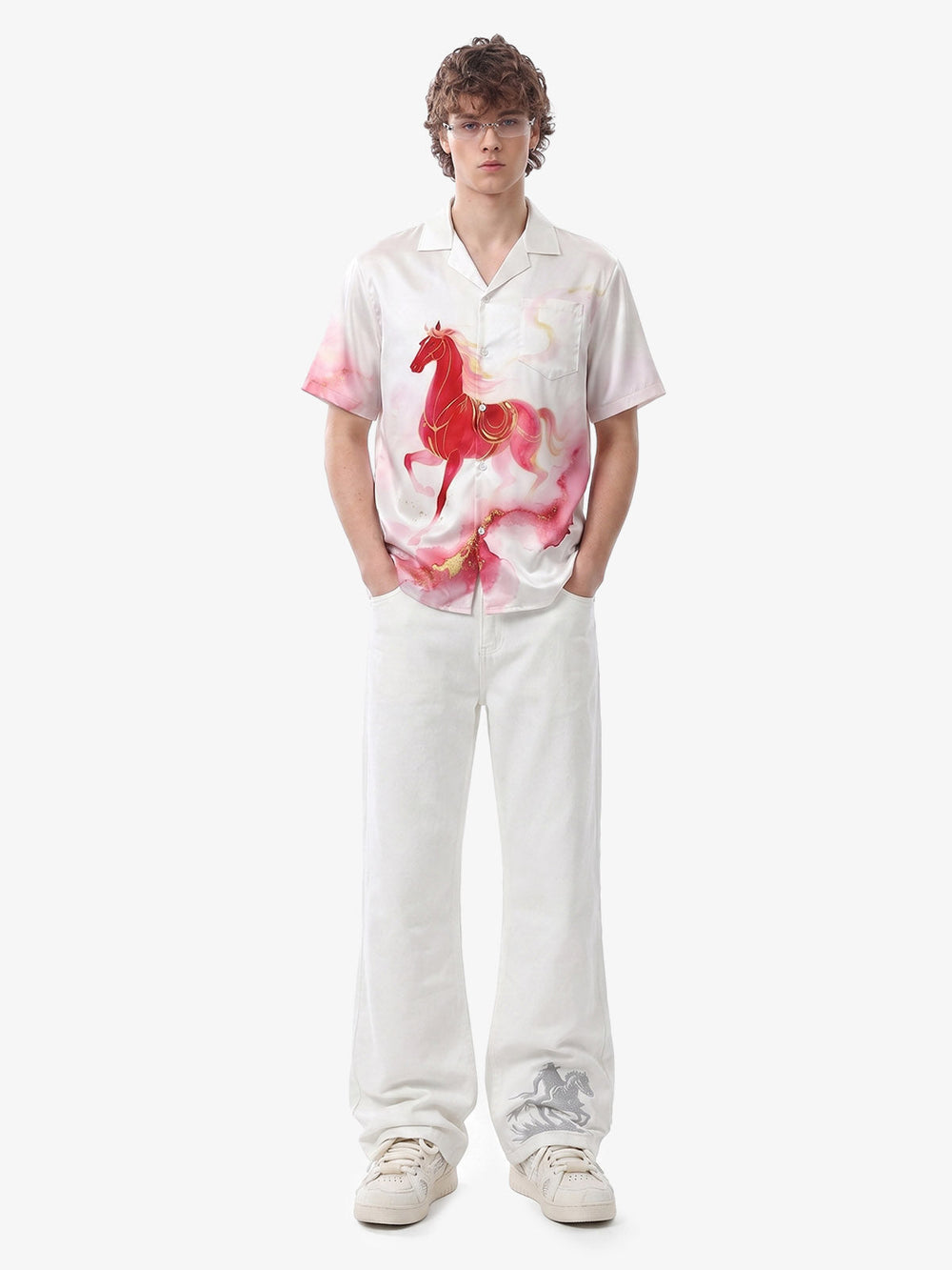 Horse Print Camp Collar Boxy Shirt 