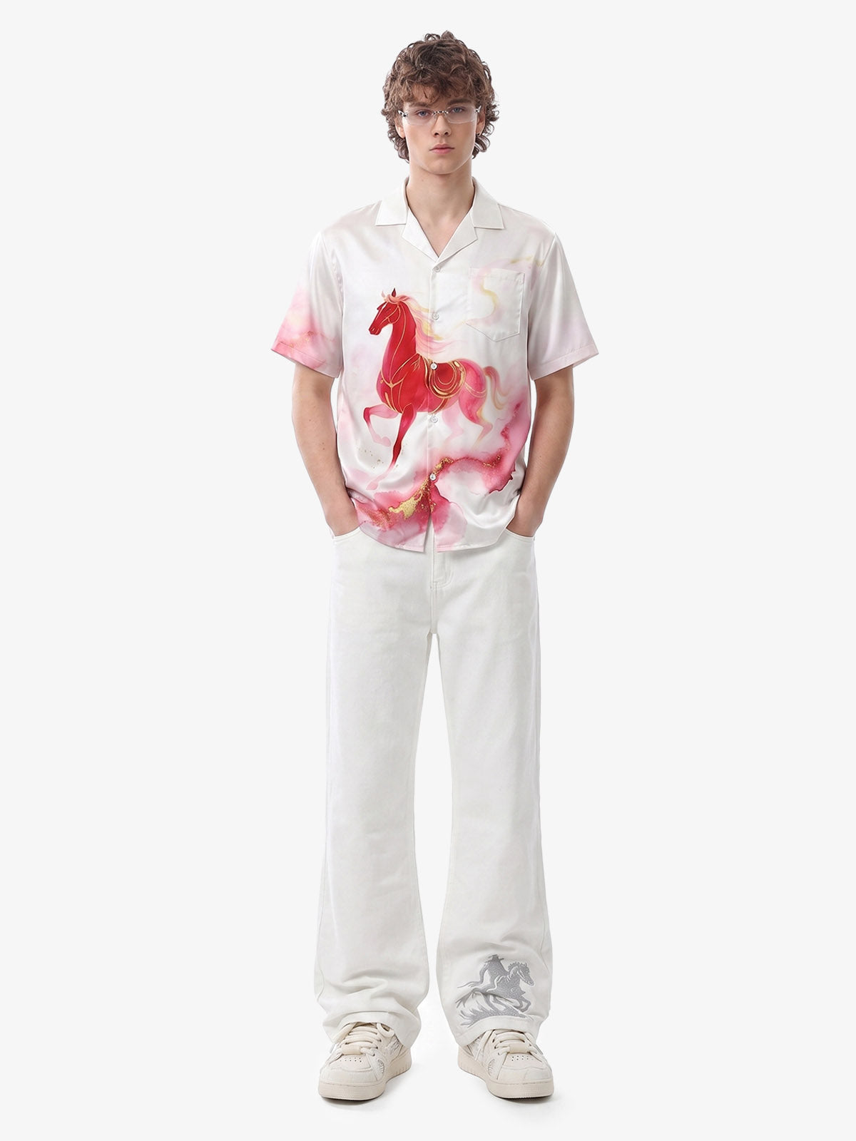 Horse Print Camp Collar Boxy Shirt 