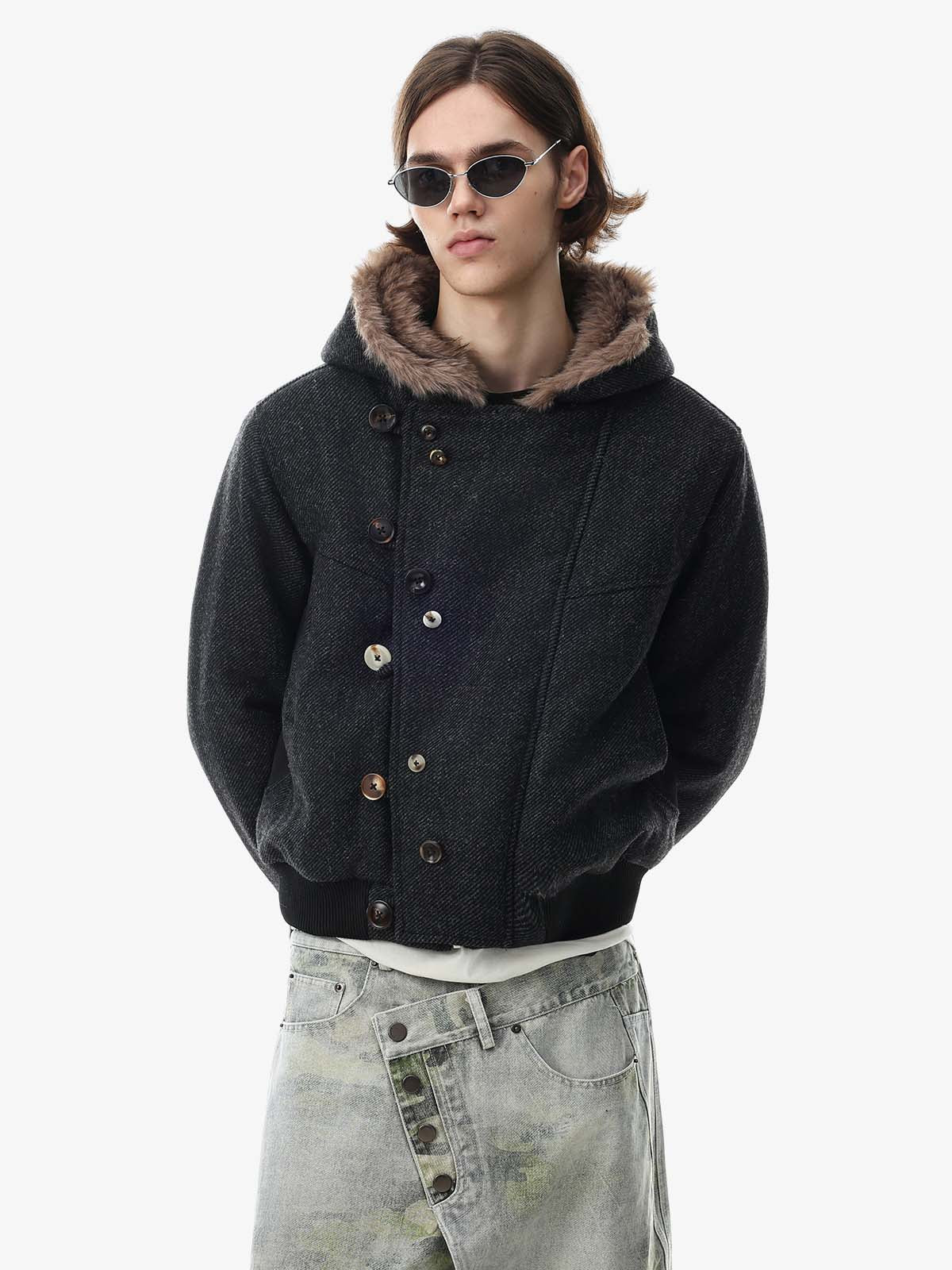 Faux-Fur Lined Asymmetric Button Hooded Coat