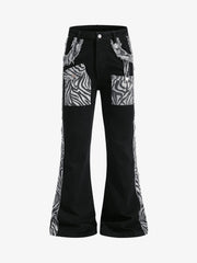 Zebra Patchwork Distressed Flared Jeans
