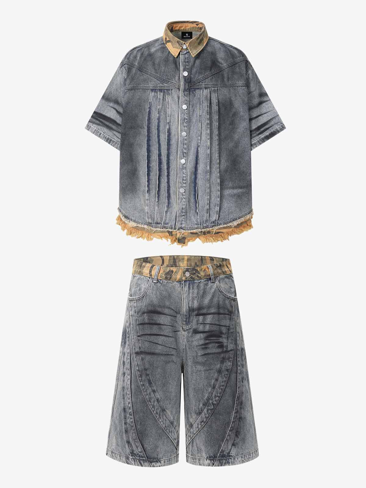 Camo-Trimmed Pleated Denim Utility Set 