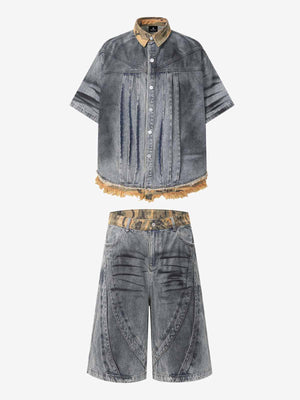 Camo-Trimmed Pleated Denim Utility Set 