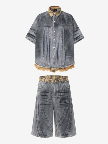 Camo-Trimmed Pleated Denim Utility Set 