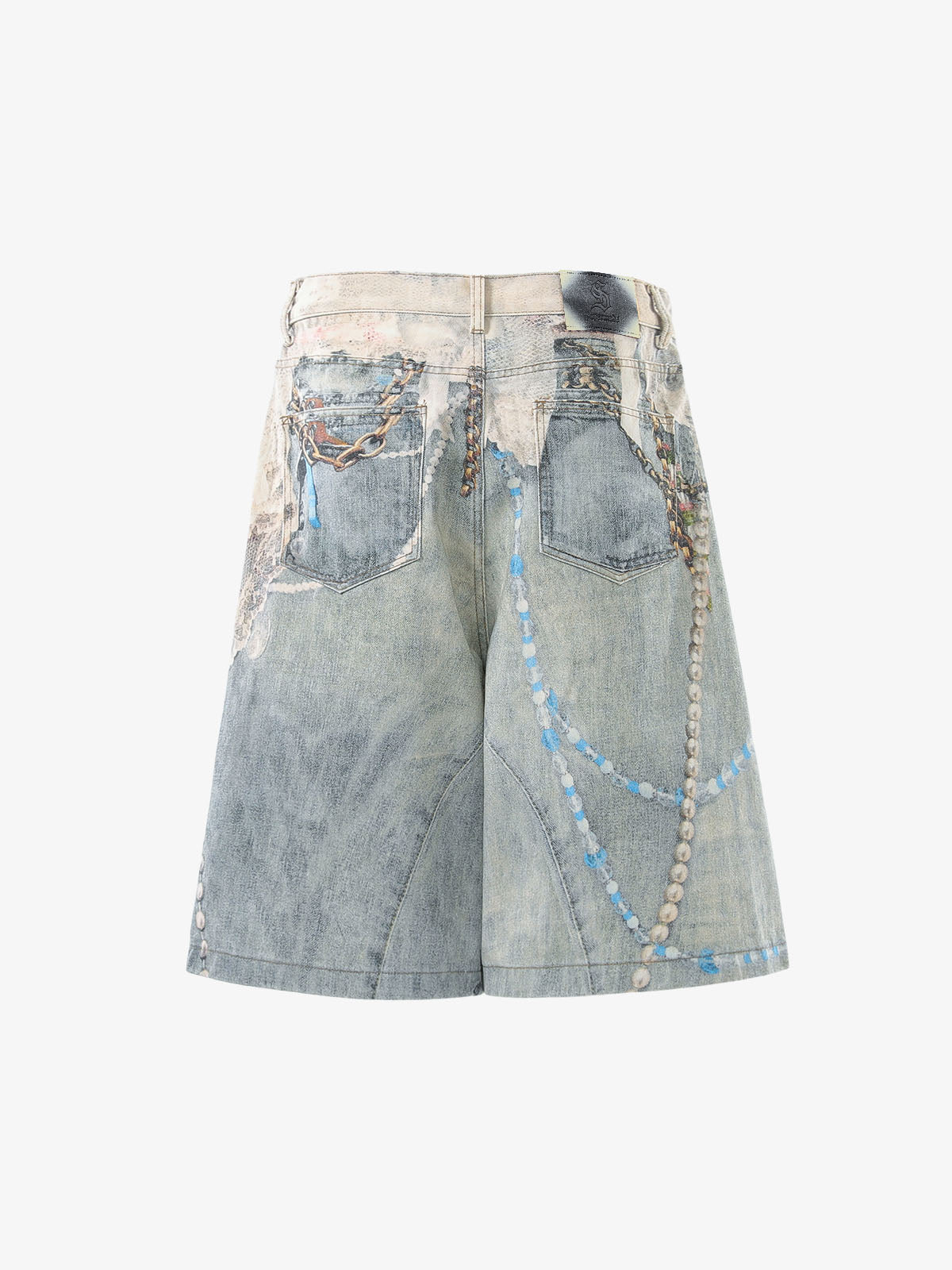 Jewelry Pearl Graphic Print 3D Effect Denim Shorts 