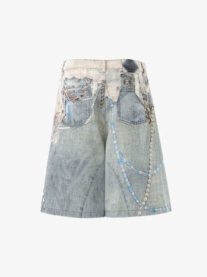 Jewelry Pearl Graphic Print 3D Effect Denim Shorts