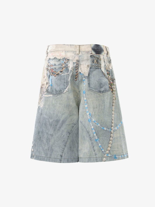 Jewelry Pearl Graphic Print 3D Effect Denim Shorts