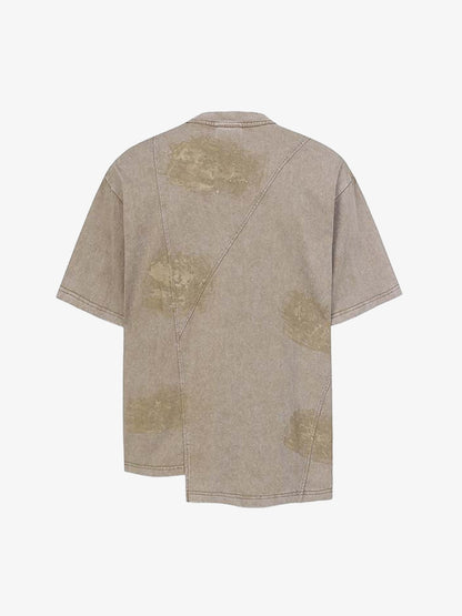Denim Blend Oversized T-Shirt with Asymmetrical Hem and Patchwork Design 
