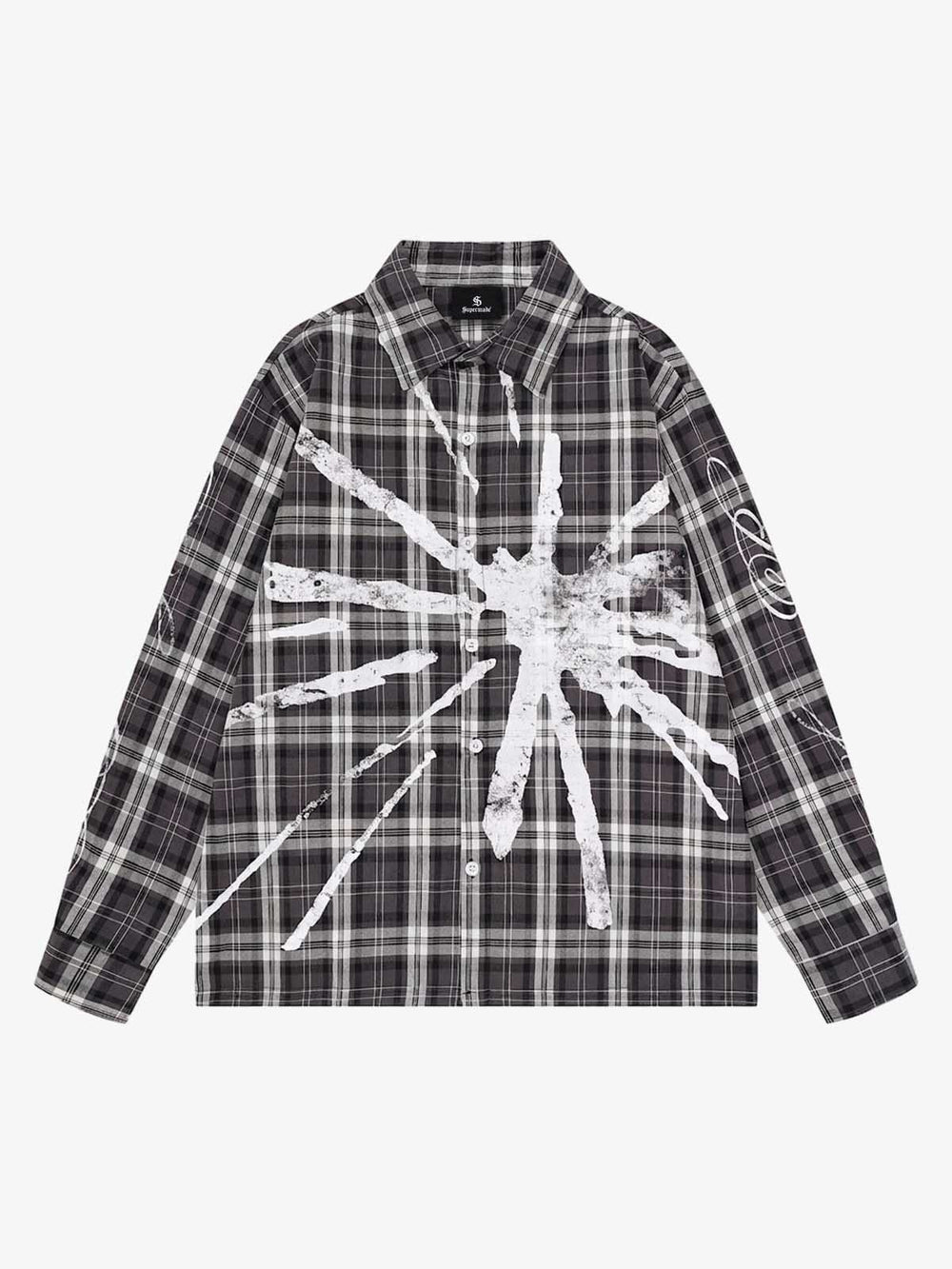 Distressed Graffiti Graphic Plaid Long Sleeve Shirt