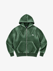 Washed Spray-Edge Zip Hoodie & Curved-Leg Sweatpants Set