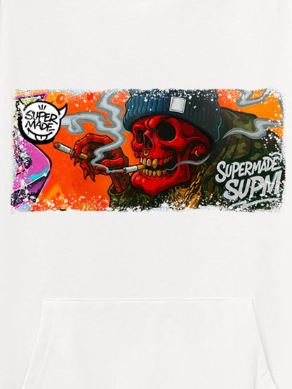 Thesupermade Distressed Blood-red Skull Graffiti Hooded Sweatshirt 