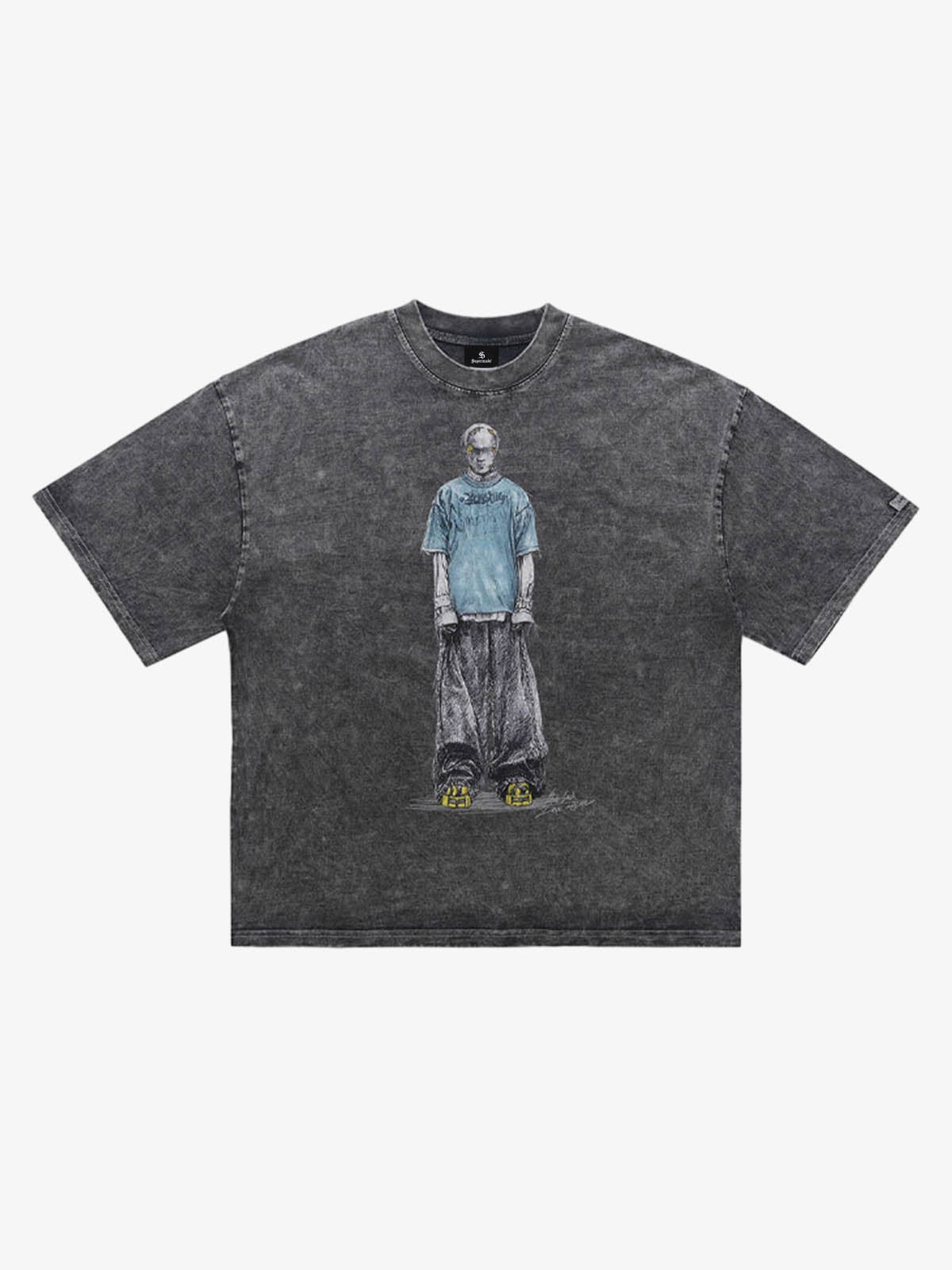 300G Jade Pattern Dyed Cotton Oversized T-Shirt with Skeleton Graphic Print Streetwear 