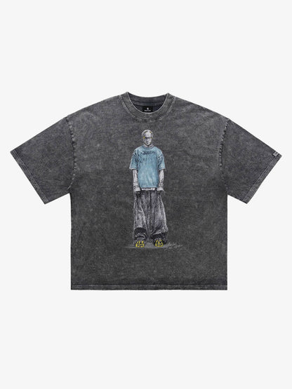 300G Jade Pattern Dyed Cotton Oversized T-Shirt with Skeleton Graphic Print Streetwear 