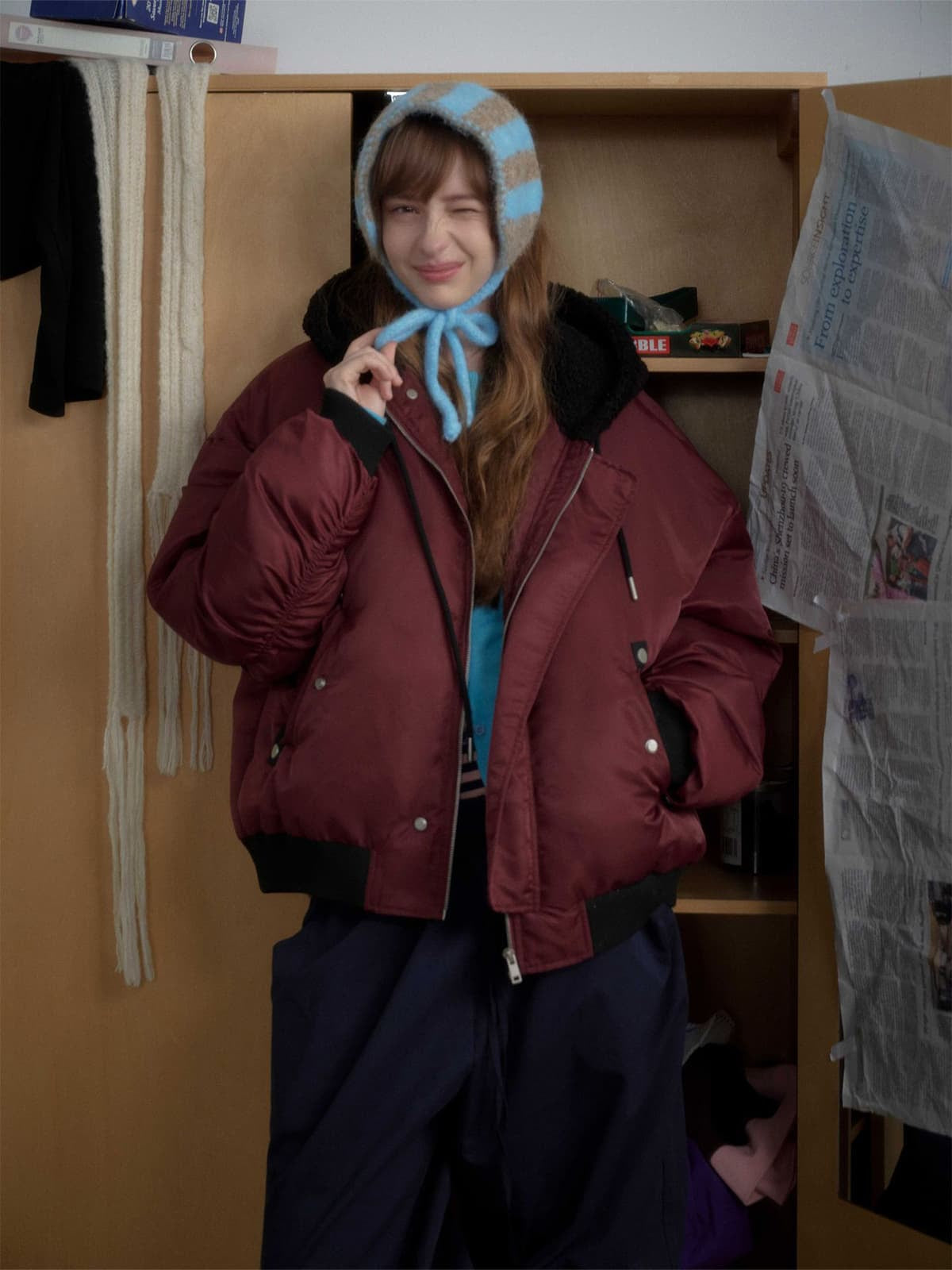 Stylish Maroon Bomber Jacket with Detachable Hood for Winter Wear 