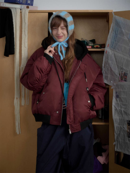 Stylish Maroon Bomber Jacket with Detachable Hood for Winter Wear 