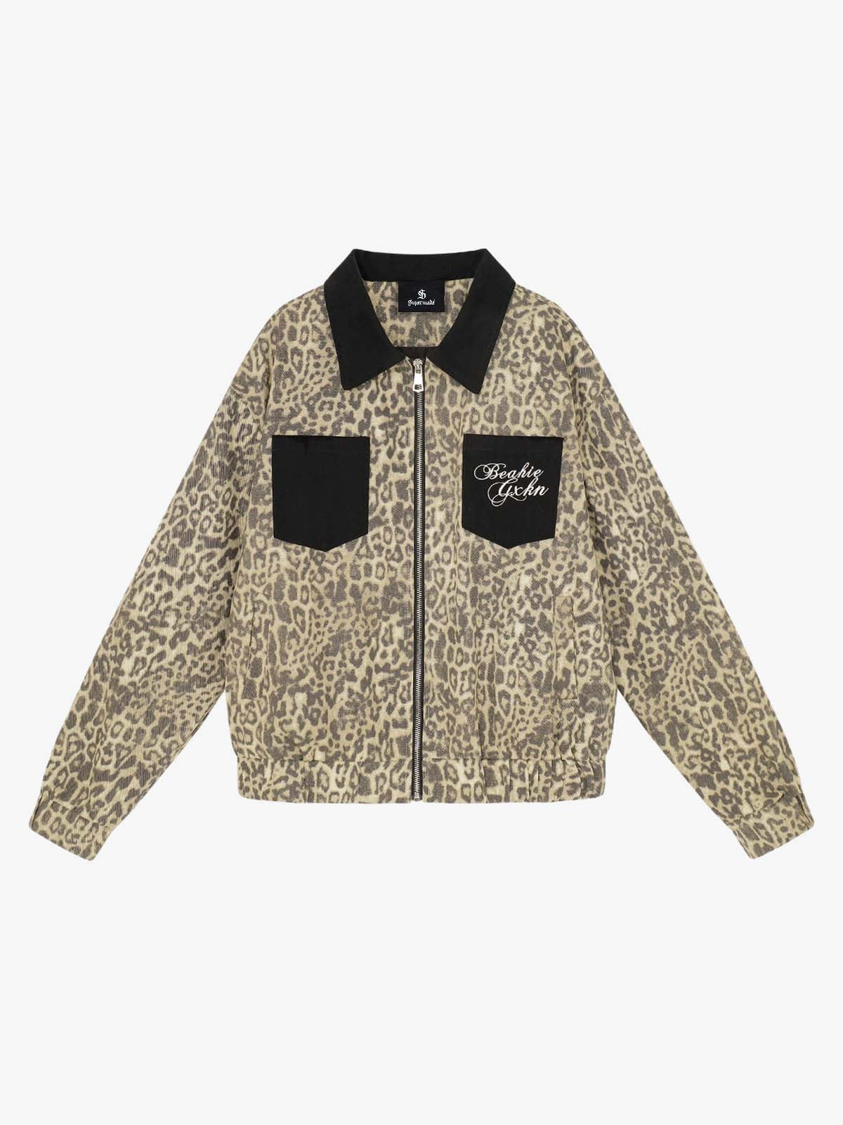 Leopard Embroidered Pocket Color Block Denim Jacket