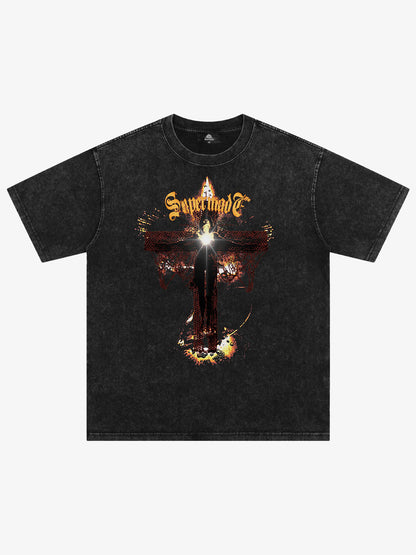 THE SUPERMADE Gothic Flame Cross Graphic T-Shirt for Bold Statement Wear 