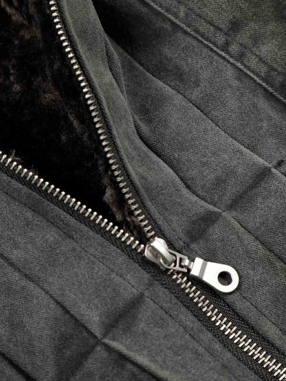 Vintage Distressed Pleated Shearling Collar Fleece Jacket 