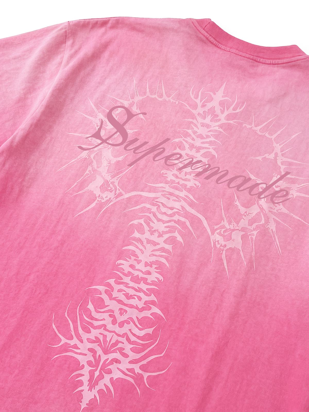 Thesupermade-Unisex Loose-fit Gradient Pink And Black Street Punk T-shirt With Gothic Pattern Print, Suitable For Street 