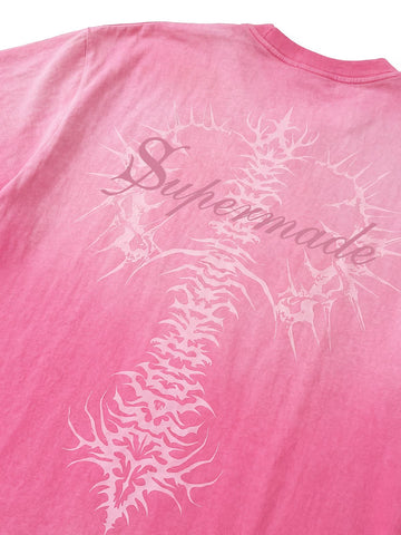 Thesupermade-Unisex Loose-fit Gradient Pink And Black Street Punk T-shirt With Gothic Pattern Print, Suitable For Street 